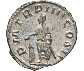 Busto rad. a ds. R/ Volusiano, in piedi, volto a sn., come sacerdote, sacrifica su un tripode.