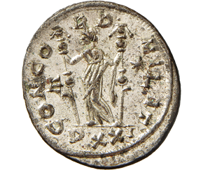 Busto rad. a sn. con scettro R/ CONCORD MILIT stante a sn. tra insegne; nel campo E