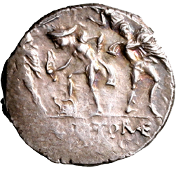 Testa nuda a ds. R/ Nettuno su prora con aplustre nella ds. tra pii fratres. 